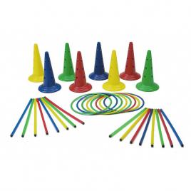 Set motricitate multisaltarello mare, 8 conuri, 8 cercuri, 16 bete gimnastica