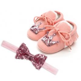 Pantofiori imblaniti roz cu bentita asortata (marime disponibila: 6-9 luni