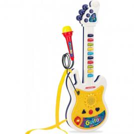 Chitara de jucarie pentru copii cu agatatoare de gat, microfon, lumini si sunete, 44 cm, multicolor