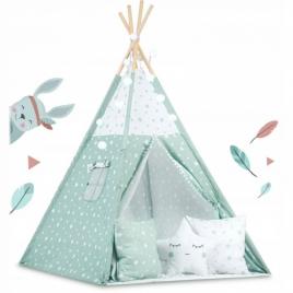 Cort de joaca pentru copii cu ghirlanda, lumini si 3 pernite nukido 120 x 120 x 165 cm - mint