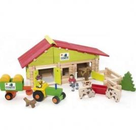 Set constructie din lemn - ferma cu tractor si animale 140 de piese