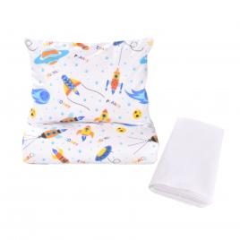 Lenjerie 3 piese model planete si rachete + protectie impermeabila patut 120x60 cm