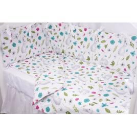 Set complet 7 piese lenjerie si aparatori patut 120x60 cm bumbac 100% model iepurasi si flori
