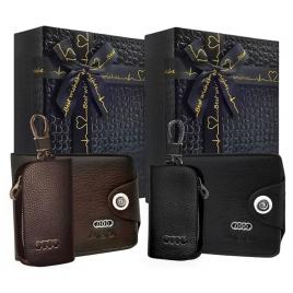 Set portofel cu sigla audi, husa chei, cutie cadou, negru/maro