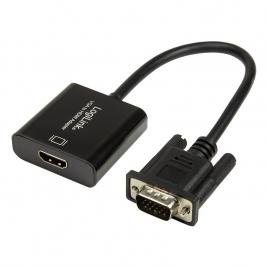 Cablu video logilink, adaptor vga (t) + jack 3.5mm (t) la hdmi (m), 15cm, rezolutie maxima full hd (1920 x 1080) la 60hz, conecteaza placa video cu vga la monitor hdmi, cablu power usb, negru
