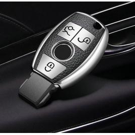 Husa cheie auto pentru mercedes benz, cu insertii piele, 3 butoane, silicon, silver