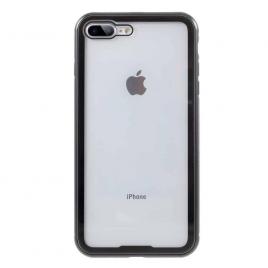 Husa compatibila cu iphone 7 plus / 8 plus - sticla fata+spate 360 grade, cadru metalic cu magneti, negru