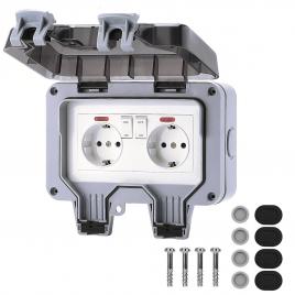 Priza dubla, impermeabila ip66, cu capac de protectie, accesorii instalare, 110 x 81 x 168 mm, alb/gri