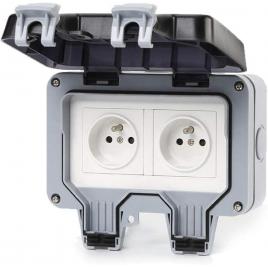 Priza dubla ip66, de exterior, policarbonat, impermeabila, alb/gri