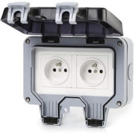 Priza dubla ip66, de exterior, policarbonat, impermeabila, gri/alb