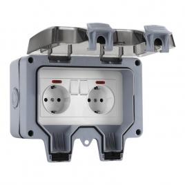 Priza electrica exterior, abs, dubla, ip66, 168x110x100mm, gri/alb