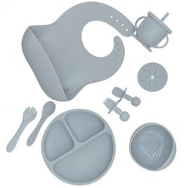Set 8 piese hranire bebelusi, diversificare, silicon, baveta, farfurie, bol cu ventuza, lingurita si
