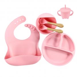 Set hranire bebe din silicon, darklove, 1 baveta, 1 farfurie compartimentata, 1 bol cu ventuza, lingurita si