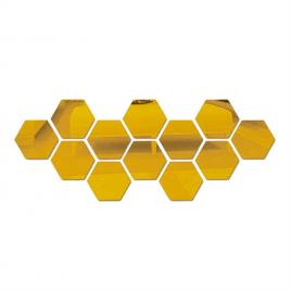 Set 12 stickere perete, stil oglinda, hexagon, 126x110x63 mm, auriu