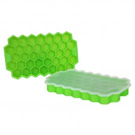 Set 2 tavi din silicon pentru gheata honey verde, forma hexagon, 37 cuburi gheata, capac