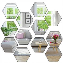 Set 12 oglinzi acrilice autoadezive, model hexagon,12.5x11x6.4 cm, silver