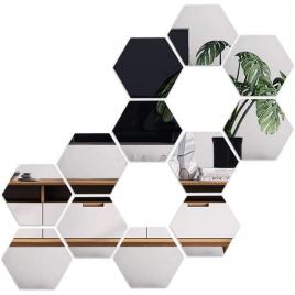 Set 12 oglinzi acrilice autoadezive, model hexagon,18.5x16x9.3 cm, silver