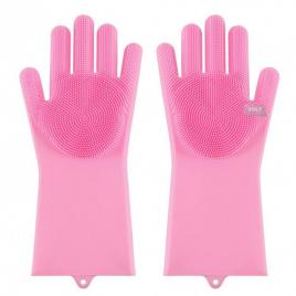 Set manusi pentru bucatarie, cu peri din silicon pentru spalarea vaselor, roz