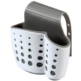 Suport burete si perie vase, plastic, curea agatatoare robinet reglabila, silicon, cu scurgere, alb/gri fmd472