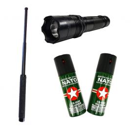 Kit autoaparare baston telescopic, lanterna electrosoc cu laser si 2 spray-uri nato
