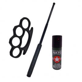 Set 3 accesorii autoaparare ideallstore®, baston telescopic otel, 50 cm, box si spray paralizant iritant