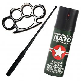 Set 3 accesorii autoaparare ideallstore®, baston telescopic otel, 64 cm, box si spray paralizant iritant