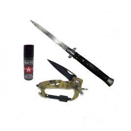 Set spray cu piper, carabina multifuncionala si briceag stiletto, ideallstore®, otel inoxidabil