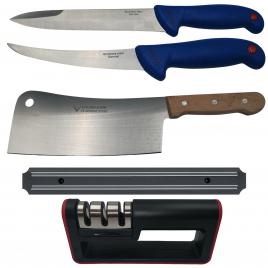 Set de macelarie ideallstore®, satar, injunghiat, filetat, suport magentic si ascutitoare, otel inoxidabl