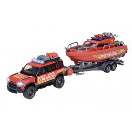 Set masina de pompieri land rover cu barca de salvare