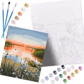 Pictura mare dupa numere si poza 40 x 50 cm pe rama din lemn, model peisaj lac