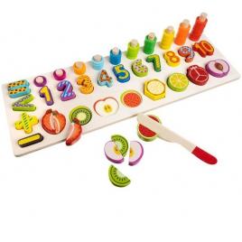 Joc puzzle din lemn cu cifre, adunare, scadere, mai mic, mai mare si fructe