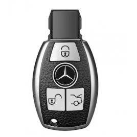 Husa cheie auto pentru mercedes benz, cu insertii piele, 3 butoane, silicon, silver, compatibila cu tipurile