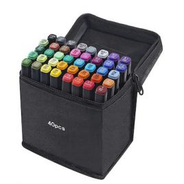 Set 40 markere multicolore, esimplu�, 2 capete subtire si gros, premium, cu geanta de depozitare
