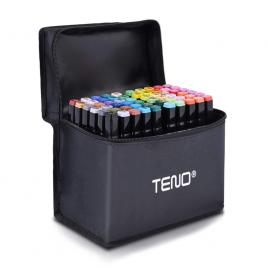 Set 60 markere teno�, geanta de depozitare inclusa, 2 tipuri de varf, pe baza de alcool, culori intense,