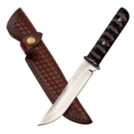 Cutit de vanatoare ideallstore®, hell raiser, maro, 23.5 cm, otel damasc, teaca piele