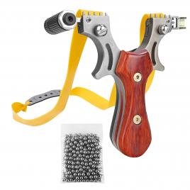 Prastie cu laser ideallstore®, sling queen, metalic, 11.5 cm, cu boloboc, maner lemn, maro, 100 bile 7 mm incluse