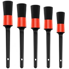 Set 5 pensule detailing auto, pentru curatare interior-exterior masina, poliester, negru-rosu