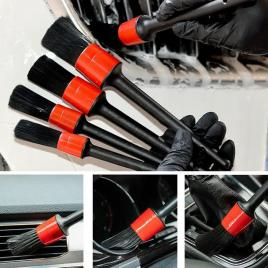 Set 5 pensule pentru detailing si curatare interior-exterior auto, dimensiuni diferite, negru-rosu