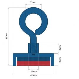 Magnet oala, diametrul d42mm, carlig inelar, neodim puternic, suprafata nichelata, n35, forta 45 kg