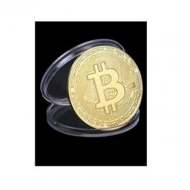 Moneda de colectie, decorativa, plus carcasa protectie, cryptomoneda bitcoin, diametru 40 mm, auriu