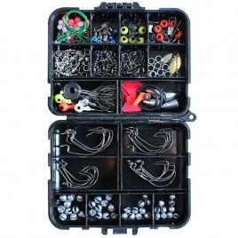 Set 187 accesorii de pescuit, la rapitor FISHINGBOX, carlige si greutati, unelte de pescuit esentiale intr-o cutie compacta de stocare, cu cleme de blocare rapide si accesorii variate de pescuit