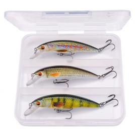 Set 3 voblere FISHINGBOX MAKE FISHING BETTER, momeli pentru pescuit 3 bucati/cutie, momeli tip Minnow plutitor pentru biban si stiuca, momeli artificiale Crankbait, model 5