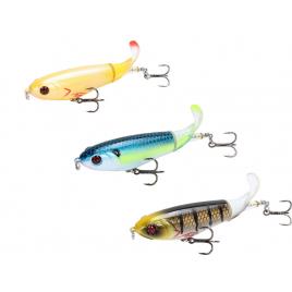 Set 3 voblere de suprafata, whopper plopper, pescuit la stiuca si somn, naluca de pescuit la suprafata 105mm, 17g, momeala artificiala cu coada rotativa si ochi 3D