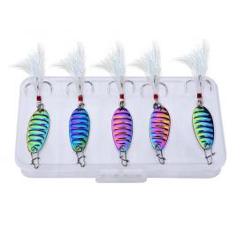 Set 5 momeli pescuit la adancime FISHINGBOX MAKE FISHING BETTER, 5 gramaje diferite, culoarea curcubeu reflectorizant, ancore cu pene