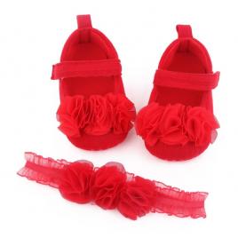 Pantofiori rosii cu floricele din tulle si bentita asortata (marime