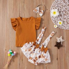 Costumas cu tricou maro - floricele (marime disponibila: 3-6 luni (marimea 18