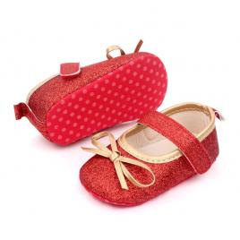 Pantofiori bebelusi rosii cu sclipici si fundita aurie (marime disponibila: 3-6