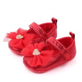 Pantofiori rosii sidefati cu fundita din tulle (marime disponibila: 3-6 luni