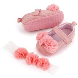 Set pantofiori roz somon si bentita asortata (marime disponibila: 6-9 luni