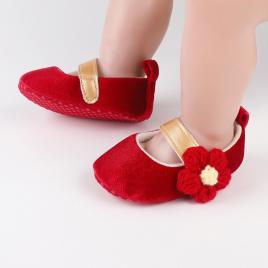 Pantofiori rosii din catifea cu floricica aplicata (marime disponibila: 3-6